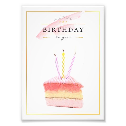 Elegant Golden Lijst Birthday Cake Slice Foto Afdruk (Voorkant)