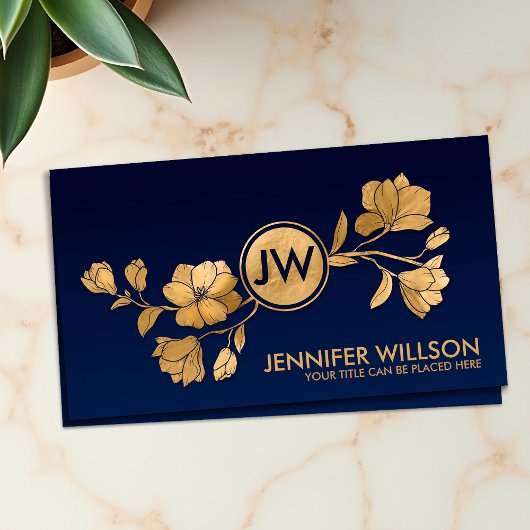 Elegant Golden Magnolia Blossom Monogram Visitekaartje