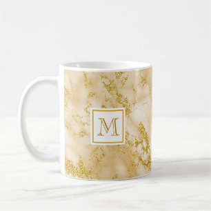 Elegant Golden Marble Monogram Faux Gold Glitter Koffiemok