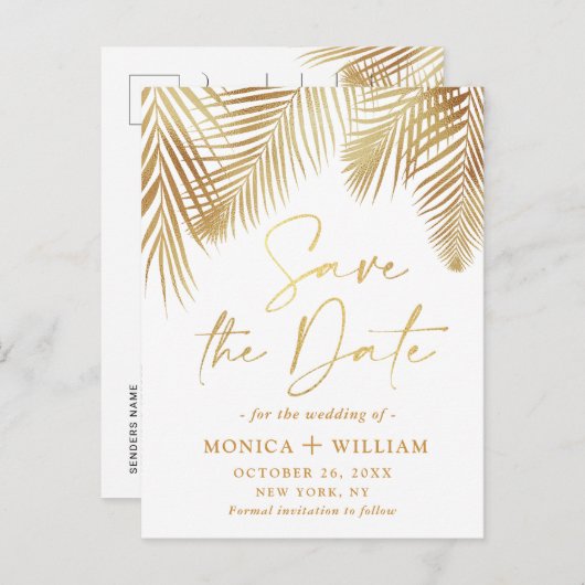 Elegant Golden Palm Branch Wedding Save the Date Aankondigingskaart (Voorkant / Achterkant)