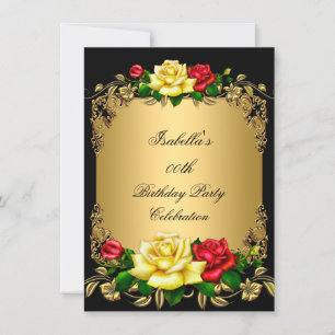 Elegant Golden Red Yellow Roses Birthday Party A Kaart
