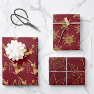 Elegant Golden Reindeers Snowflakes en Poinsettia Inpakpapier Vel