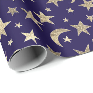 Elegant Golden Stars Moon Blue Navy Champaigne Cadeaupapier