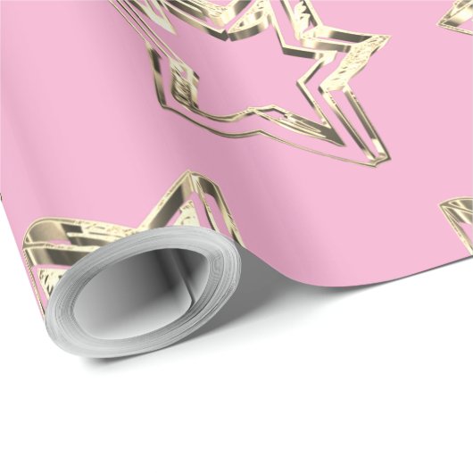 Elegant Golden Stars Pattern Roze Kerstmis Cadeaupapier (Rol Hoek)