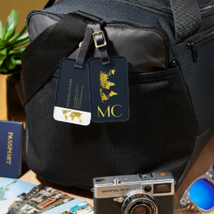 Elegant Golden Travel Wereldkaart monogrammed naam Bagagelabel
