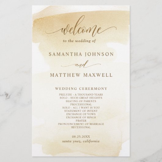Elegant Golden Yellow Waterverf Wedding Programme (Voorkant)
