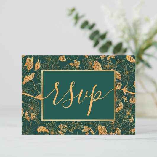 Elegant Gorgood Emerald Green & Gold Foliage RSVP (Staand voorkant)