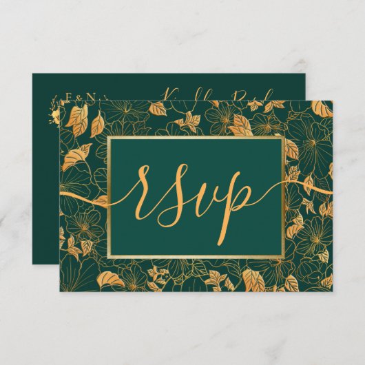 Elegant Gorgood Emerald Green & Gold Foliage RSVP (Voorkant / Achterkant)