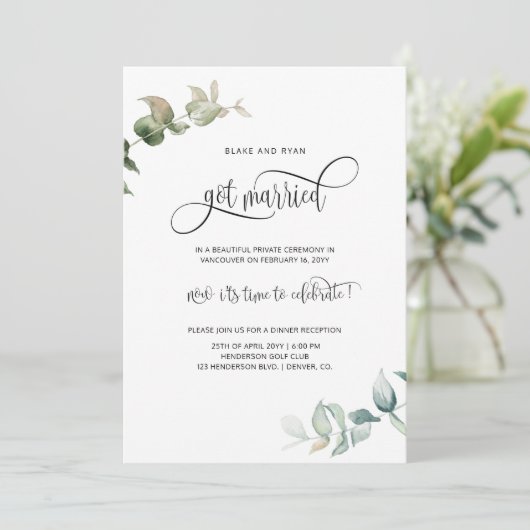 Elegant Got Married Elopement Huwelijksreceptie Kaart (Staand voorkant)