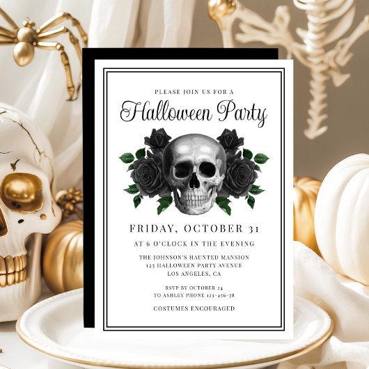 Elegant Gothic Floral Skull Halloween Invitation Kaart