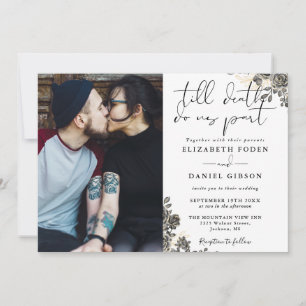 Elegant Gothic Schrift Rozen Bloem Foto Bruiloft Kaart