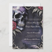 Elegant Gothic Skull & Red Roses Wedding Kaart (Voorkant)