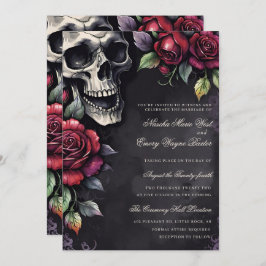 Elegant Gothic Skull & Roses Wedding Kaart