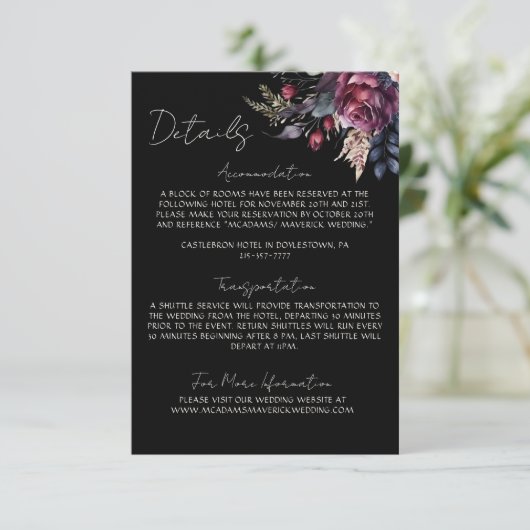 Elegant Gothic Zwart Bloemen Bruiloft Details Informatiekaartje (Staand voorkant)