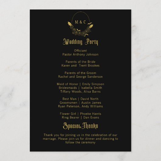 Élégant Gothique Glam Black Gold Wedding Programme (Dos)