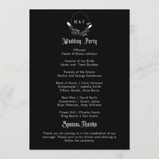 Elegant Gotisch Bloemen Zwart Huwelijksprogramma Programma (Achterkant)