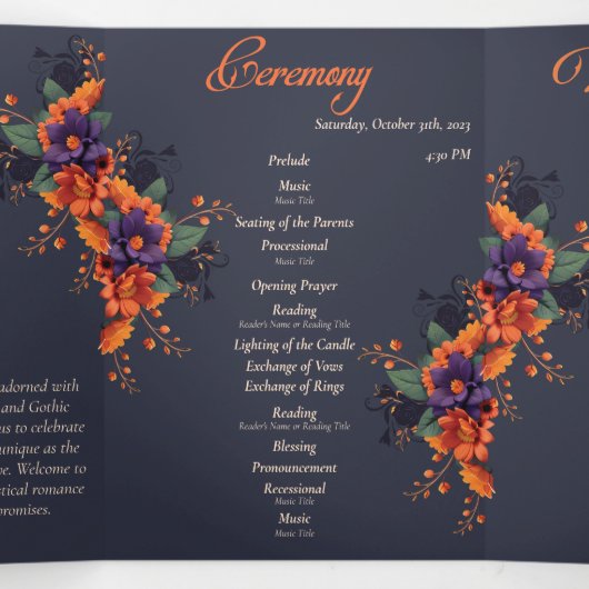 Elegant Gotisch Compleet Trifolded Bruiloft Progra Drieluik Uitnodiging (Binnenkant midden)