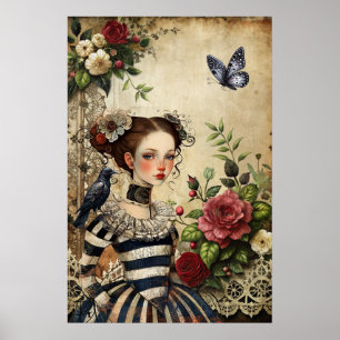 Elegant Gotisch Meisje & Raven in Roos Garden Poster