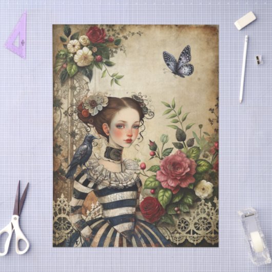 Elegant Gotisch Meisje & Raven in Roos Garden Tissuepapier (Craft)