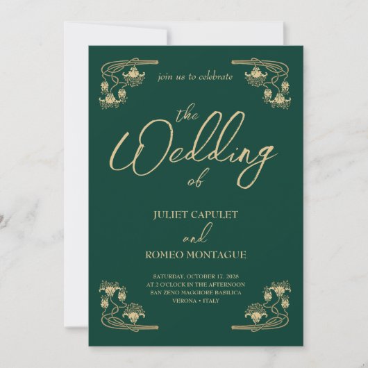 Elegant goud Art Deco op groen All In One bruiloft Kaart (Voorkant)