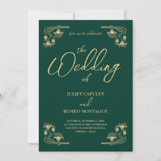 Elegant goud Art Deco op groen All In One bruiloft Kaart