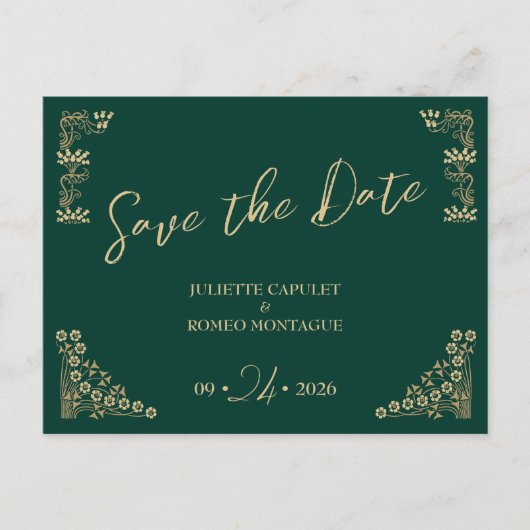 Elegant goud Art Deco op groen bewaar de datum Briefkaart (Voorkant)