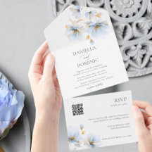 Elegant Goud Blauw Bloemen Wildbloemen QR Bruiloft
