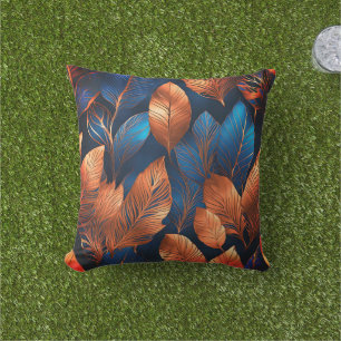 Elegant Goud Blauw Foliage Natuur Ontwerp Buitenkussen