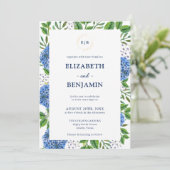 Elegant Goud Blauw Hydrangeas Monogram Bruiloft Kaart (Staand voorkant)