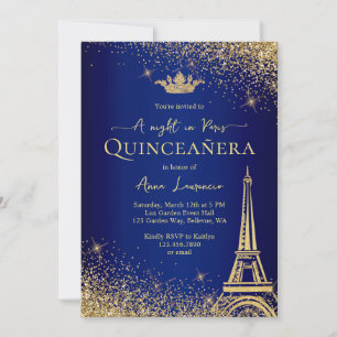 Elegant Goud Blauw Parijs Nachtthema Quinceanera Kaart