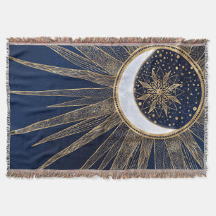 Elegant Goud & Blauw Zon Maan Mandala Doodles Art Deken