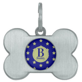 Elegant Goud & Blauwe Sterpatroon Monogram Huisdieren Naamplaatje
