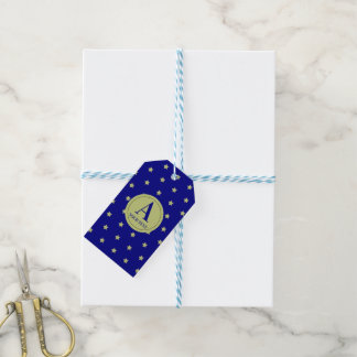 Elegant goud & blauwe sterrenpatroon monogram cadeaulabel