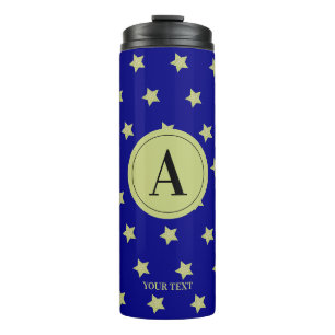 Elegant goud & blauwe sterrenpatroon monogram thermosbeker