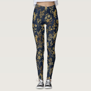 Elegant Goud Bloemen Blauw Botanisch Leggings
