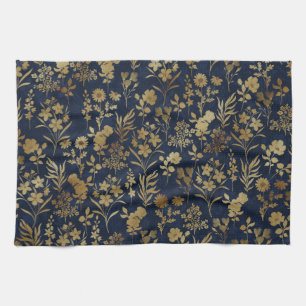 Elegant Goud Bloemen Blauw Botanisch Theedoek