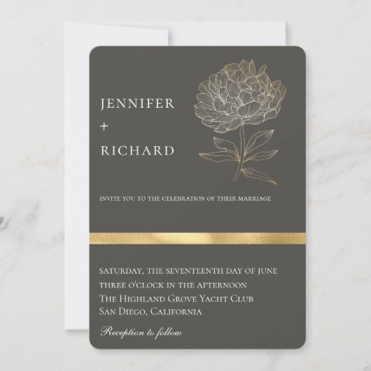 Elegant Goud Bloemen Botanisch Grijs Bruiloft Kaart (Voorkant)