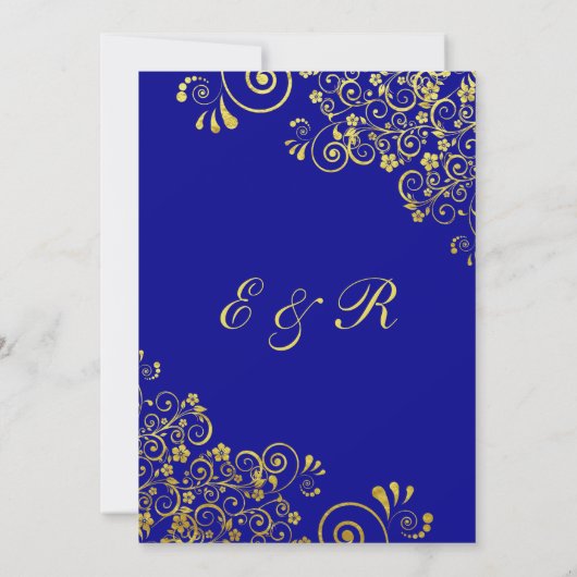 Elegant Goud Bloemen Swirls Marine Blauw Bruiloft Kaart (Achterkant)