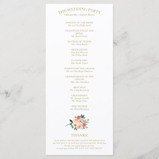 Elegant Goud Bloemen Waterverf Trouwprogramma 4x9 Programma (Achterkant)