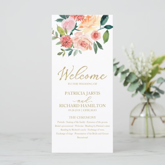 Elegant Goud Bloemen Waterverf Trouwprogramma 4x9 Programma (Staand voorkant)