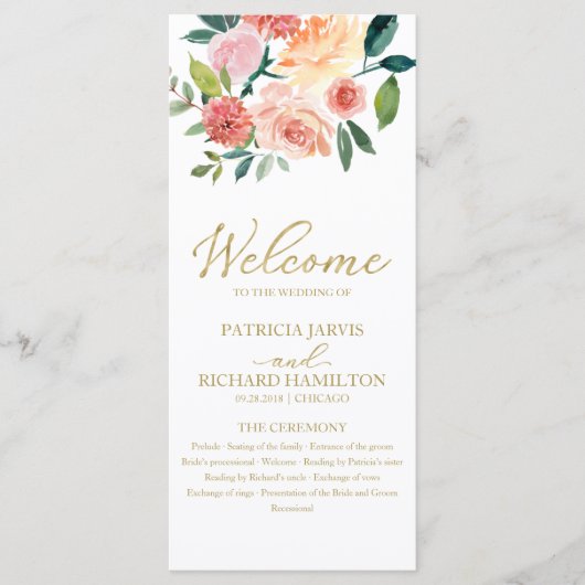 Elegant Goud Bloemen Waterverf Trouwprogramma 4x9 Programma (Voorkant)