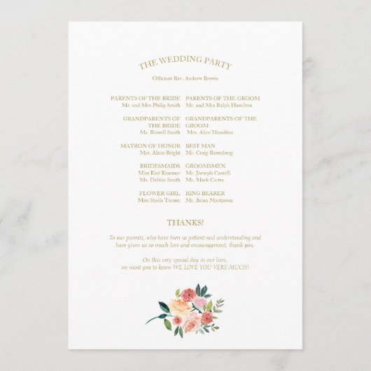 Elegant Goud Bloemen Waterverf Trouwprogramma Programma (Achterkant)