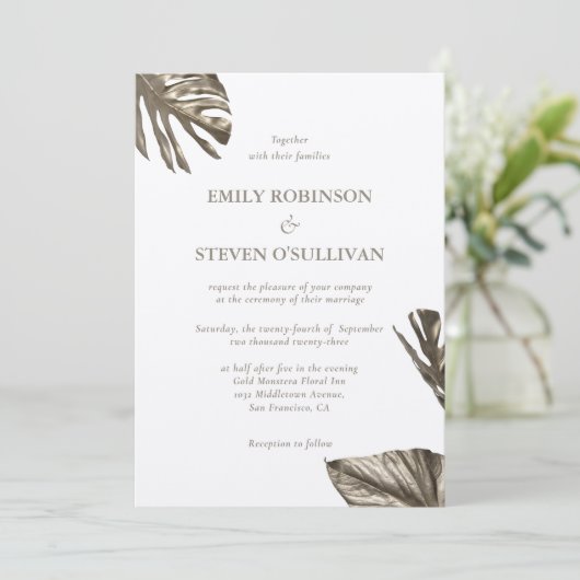 Elegant Goud Botanische Monstera Verlaat Bruiloft Kaart (Staand voorkant)