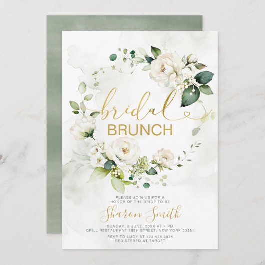 Elegant Goud Bruids Brunch Douche Wit Bloemen Kaart (Voorkant / Achterkant)