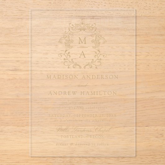 Elegant Goud Chinoiserie Victoriaans Bloemen Bruil Acryl Uitnodigingen (Voorkant)