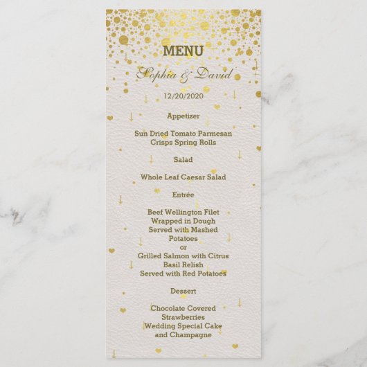 Elegant Goud Confetti Wit Lederen Bruiloft Menu (Achterkant)
