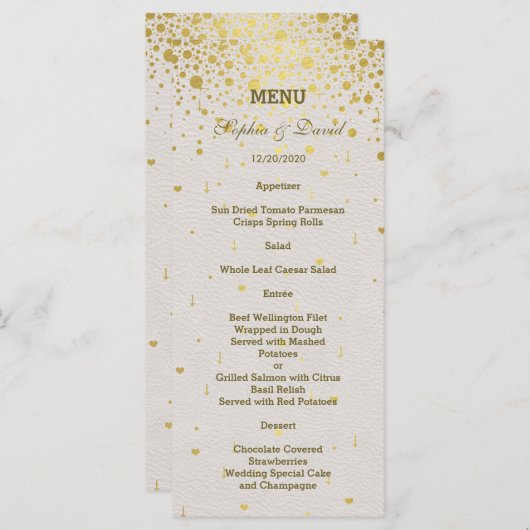 Elegant Goud Confetti Wit Lederen Bruiloft Menu (Voorkant / Achterkant)