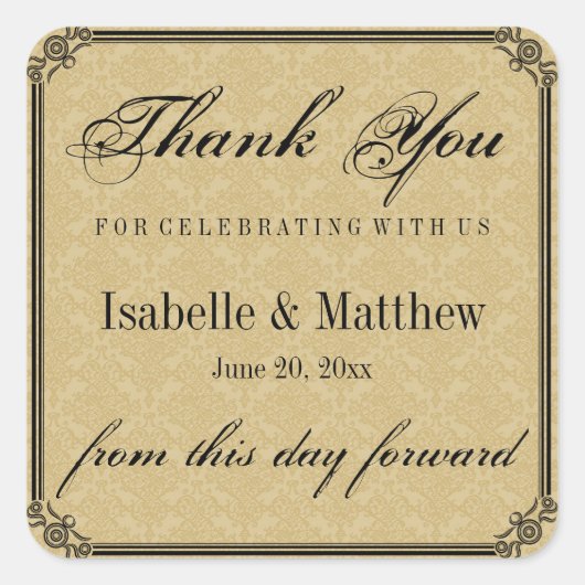 Elegant Goud Damask Bruiloft Dank u Stickers (Voorkant)