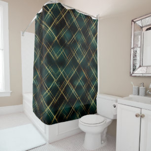 Elegant Goud & Donkergroen Tartan Plaid Kerst Douchegordijn