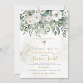 Elegant Goud Eerste Heilige Communie Witte Bloemen Kaart (Voorkant)